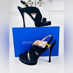 Stuart Weitzman Black Suede Strappy Heels Sandals Platform Hester SZ 7.5 EUC